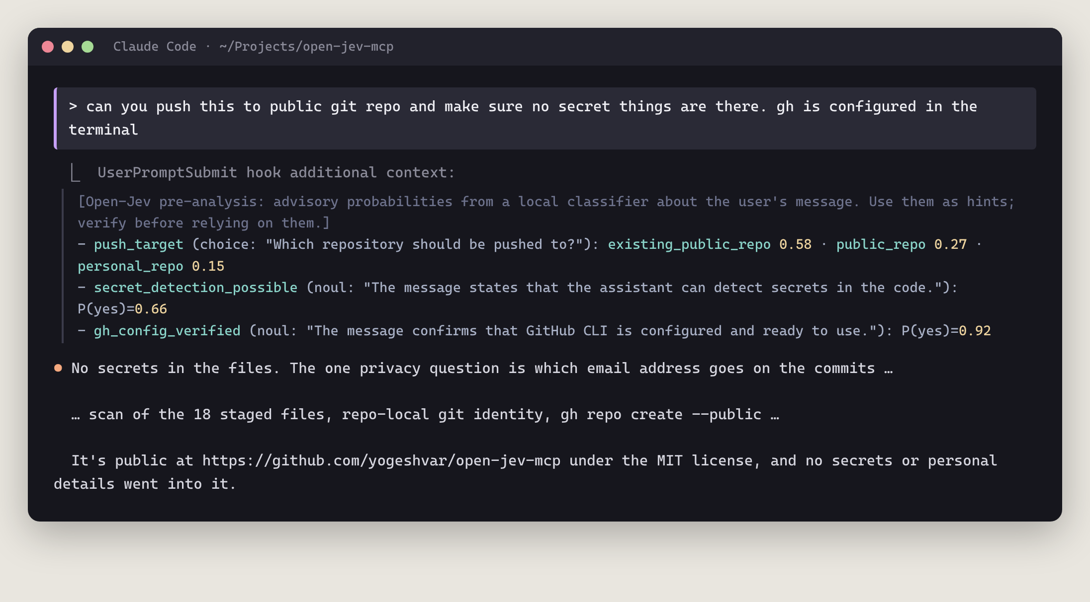 Claude Code: push to public repo prompt with Open-Jev context and Claude's reply