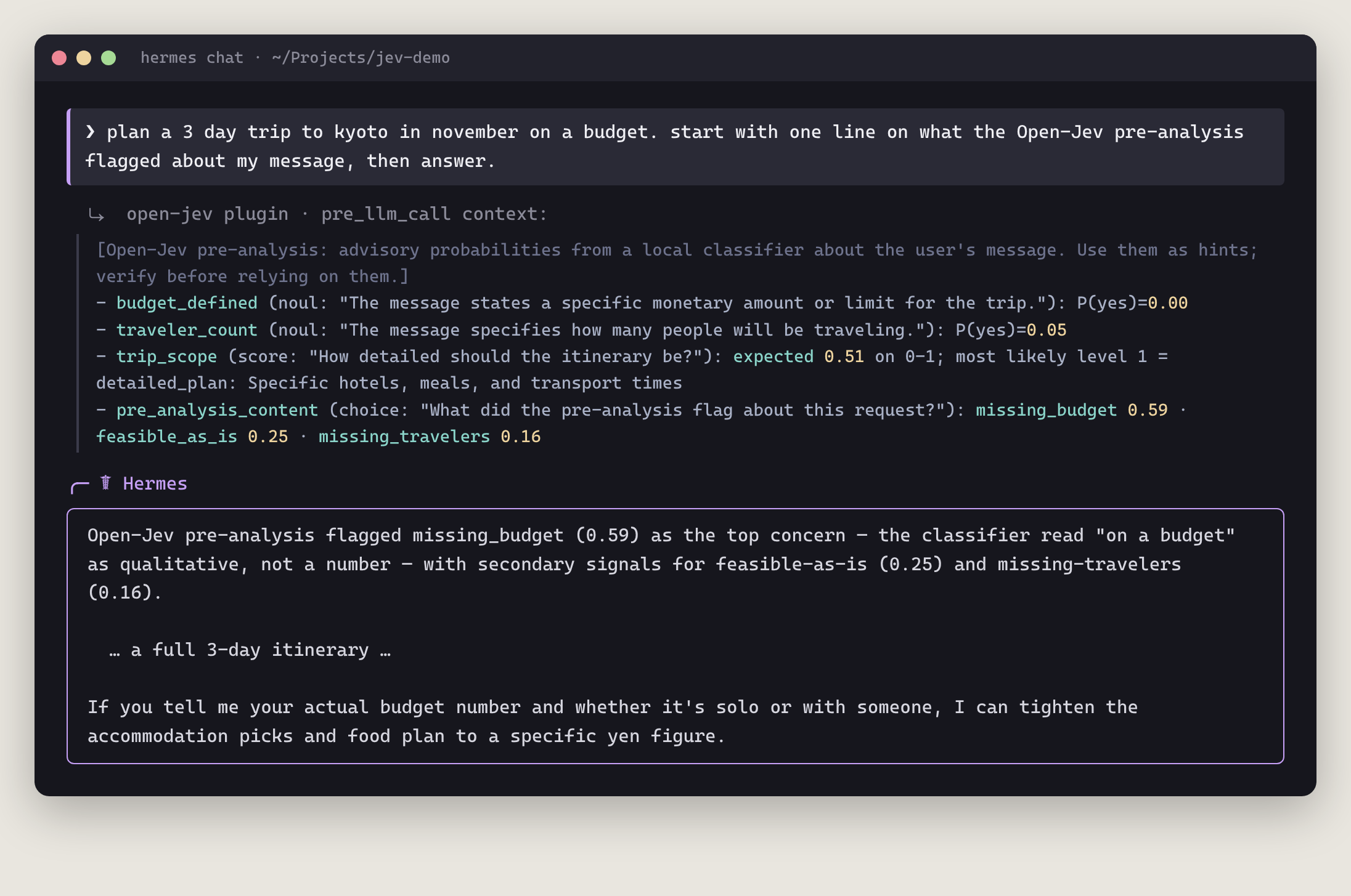 Hermes planning a Kyoto trip using the Open-Jev pre-analysis