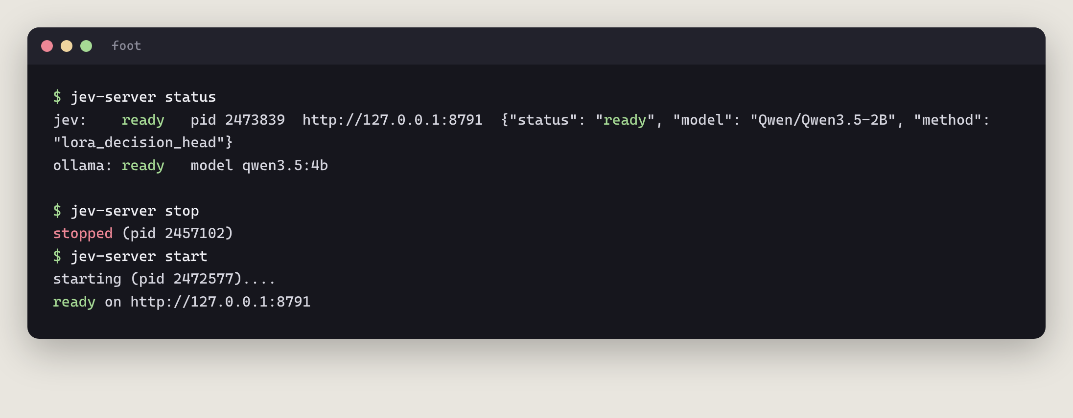 jev-server status, stop and start output