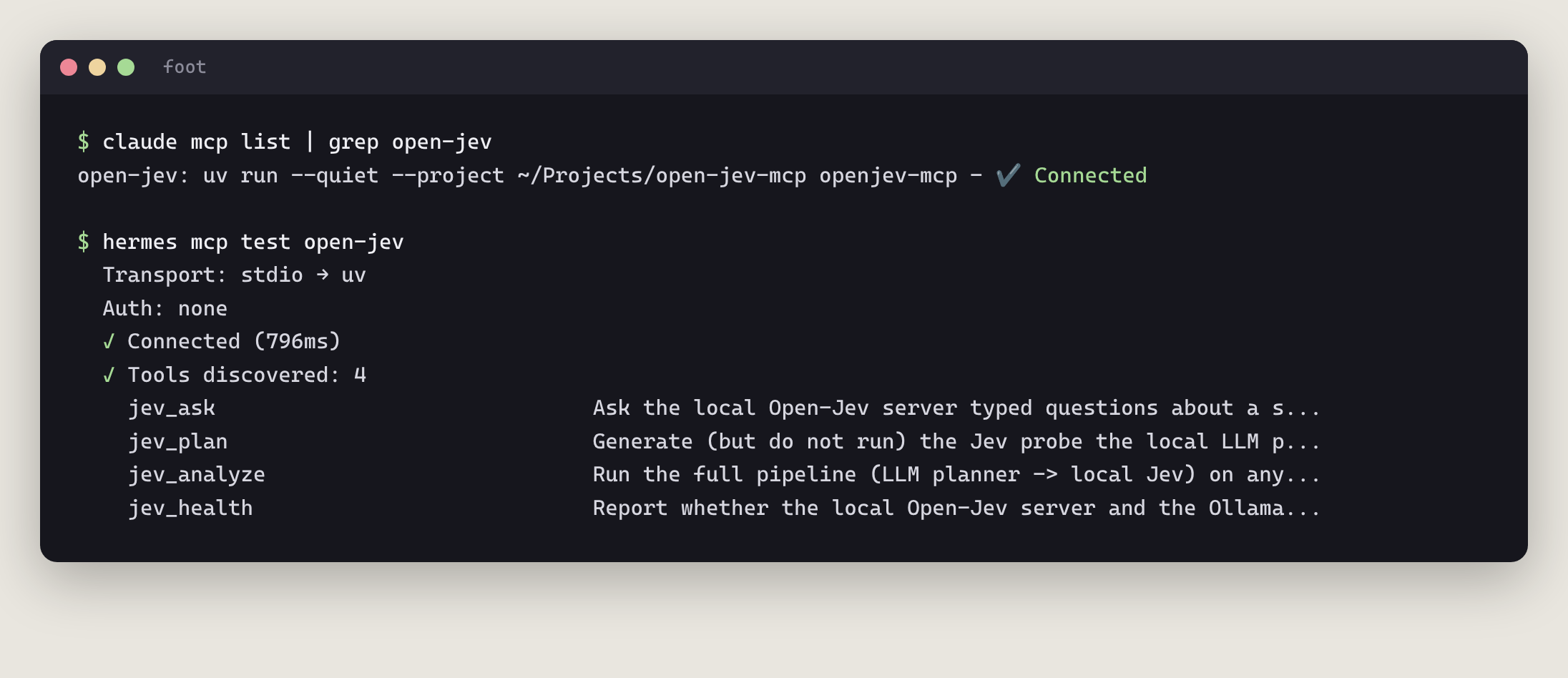 claude mcp list and hermes mcp test showing open-jev connected with 4 tools