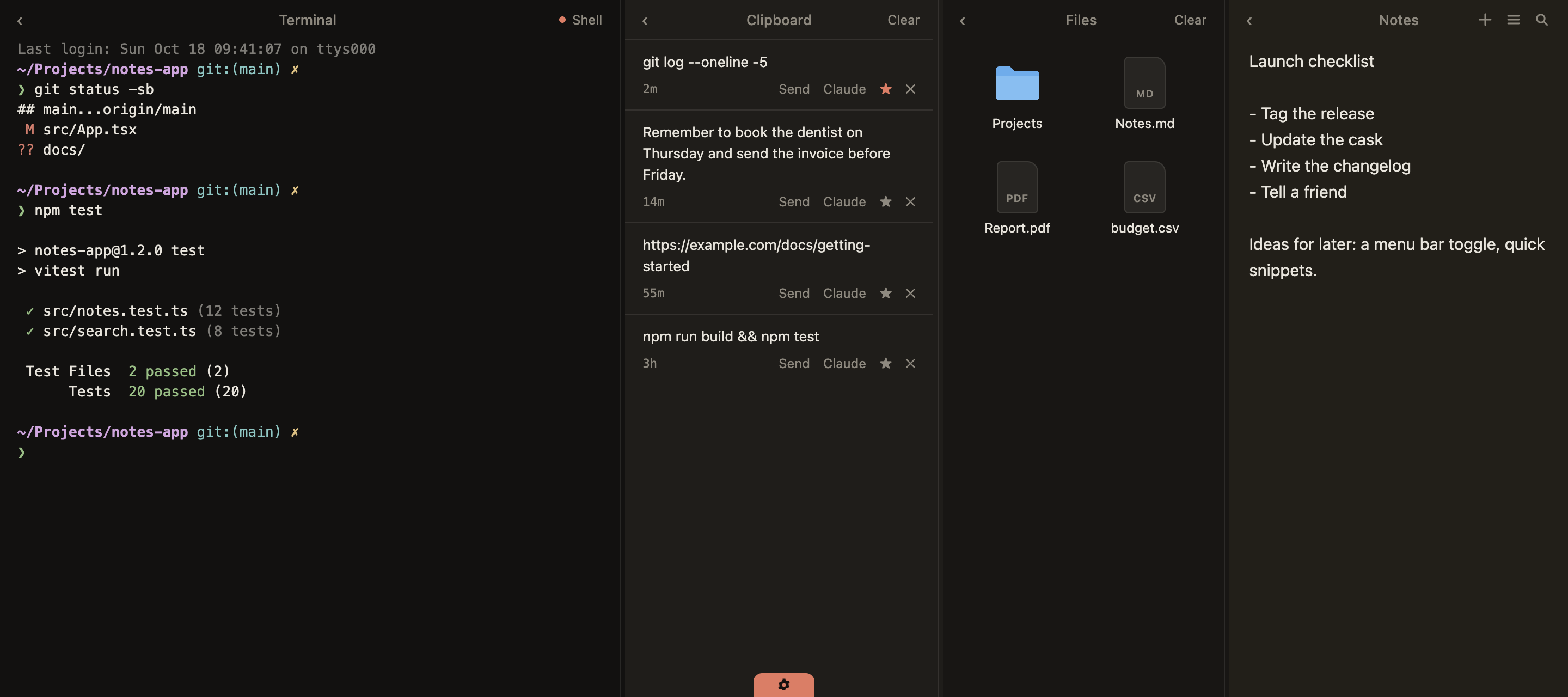 Perch in dark mode with the terminal, clipboard, files and notes panes open