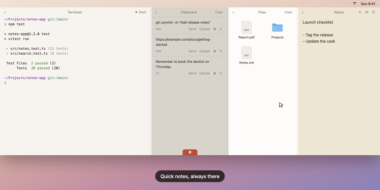 The Perch shelf open at the top of a Mac screen, showing the terminal, clipboard history, files and notes panes side by side.